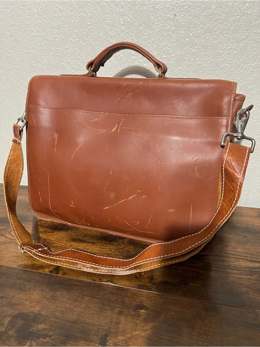 Men's Tan Leather Briefcase with Adjustable Strap